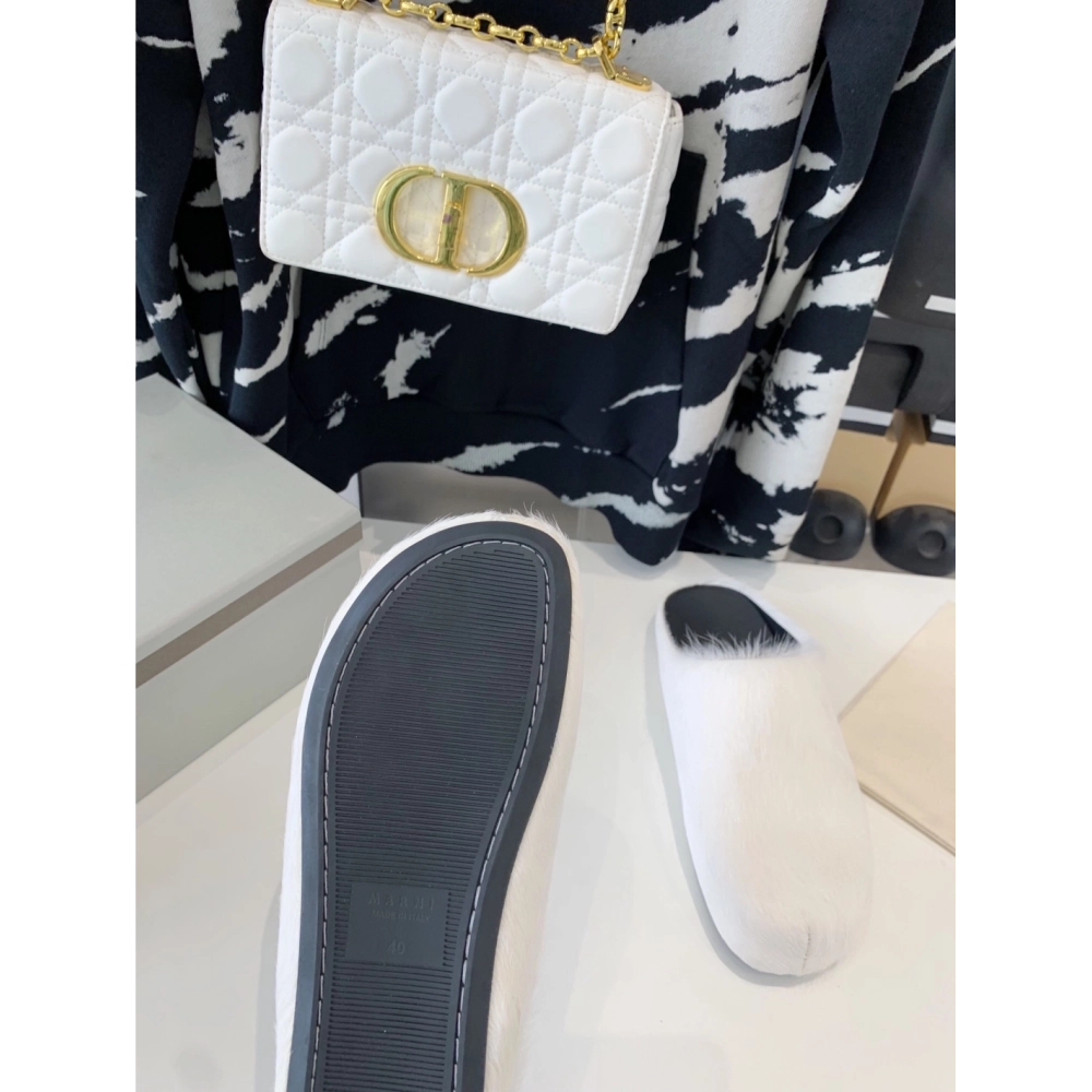 Marni White LONG-HAIR CALFSKIN FUSSBETT SABOT Slide,Marni Slide,Men Sneakers