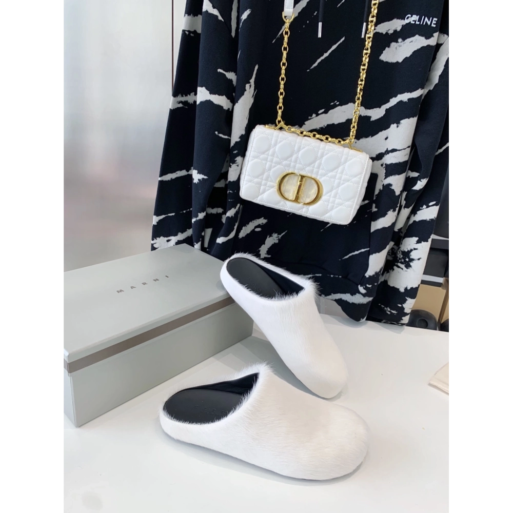 Marni White LONG-HAIR CALFSKIN FUSSBETT SABOT Slide,Marni Slide,Men Sneakers