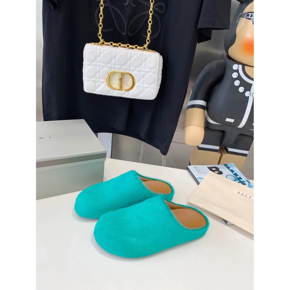 Marni Green LONG-HAIR CALFSKIN FUSSBETT SABOT Slide,Marni Slide,Men Sneakers