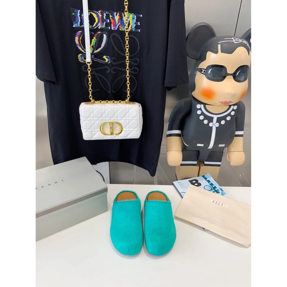 Marni Green LONG-HAIR CALFSKIN FUSSBETT SABOT Slide,Marni Slide,Men Sneakers