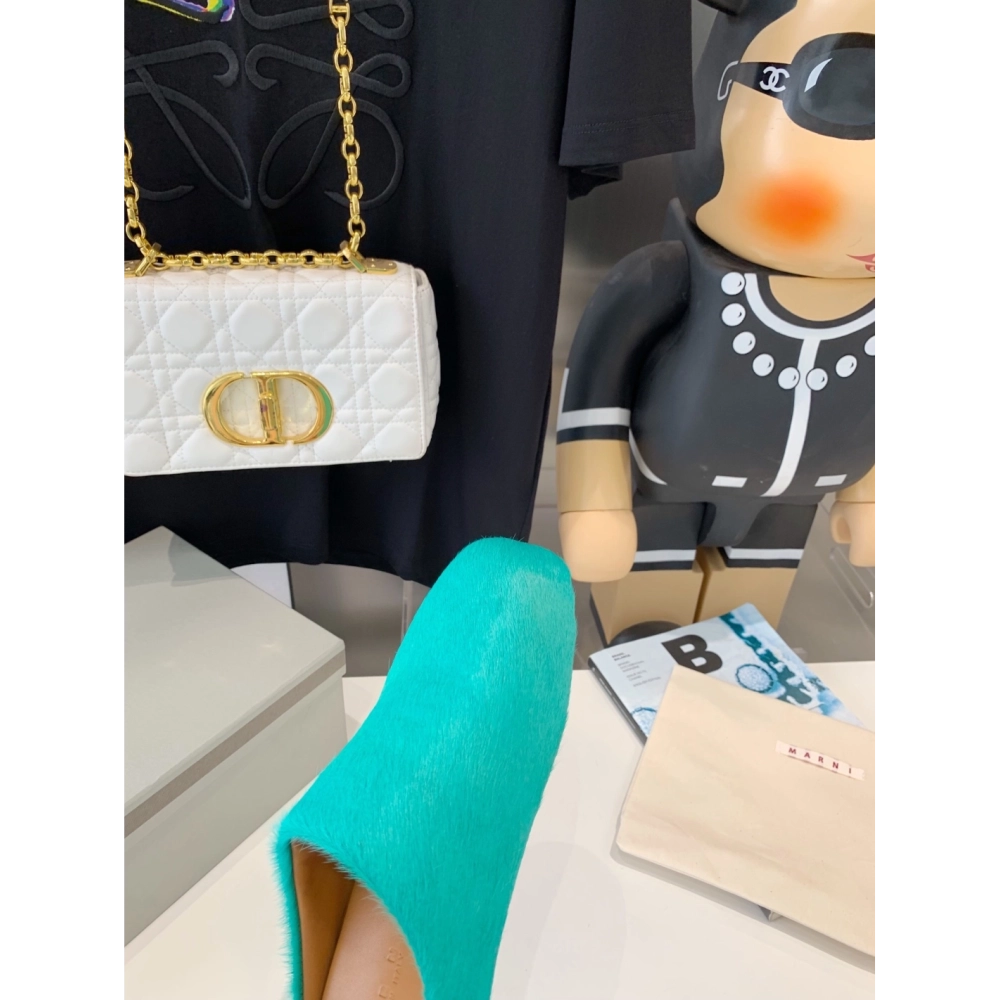 Marni Green LONG-HAIR CALFSKIN FUSSBETT SABOT Slide,Marni Slide,Men Sneakers