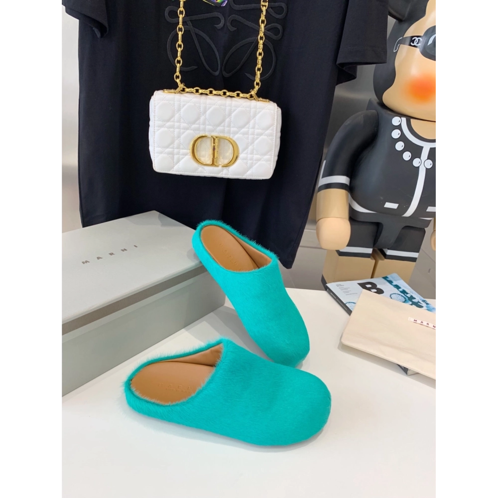 Marni Green LONG-HAIR CALFSKIN FUSSBETT SABOT Slide,Marni Slide,Men Sneakers