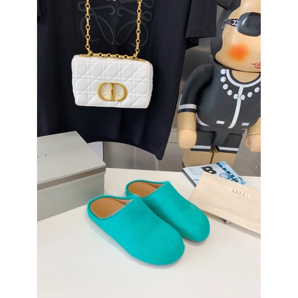 Marni Green LONG-HAIR CALFSKIN FUSSBETT SABOT Slide,Marni Slide,Men Sneakers