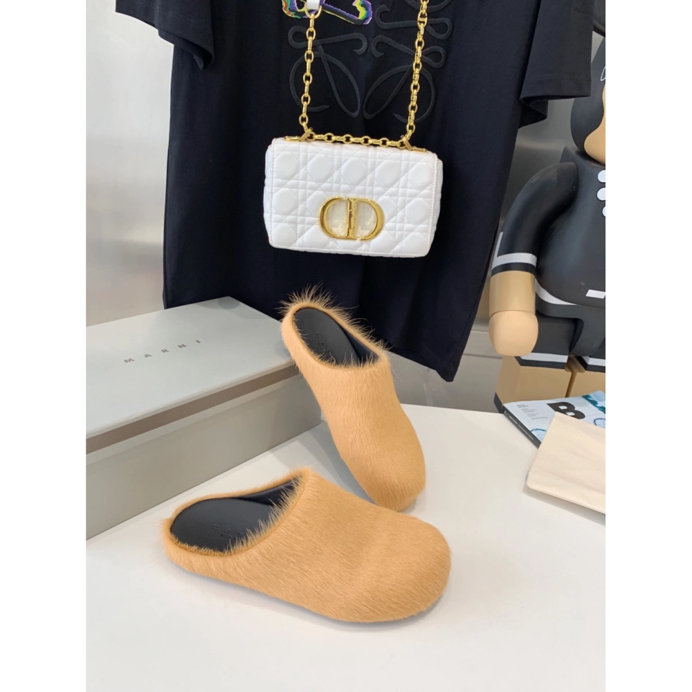 Marni Apricot LONG-HAIR CALFSKIN FUSSBETT SABOT Slide,Marni Slide,Men Sneakers