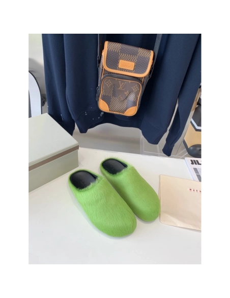 Marni Green LONG-HAIR CALFSKIN FUSSBETT SABOT Slide,Marni Slide,Men Sneakers