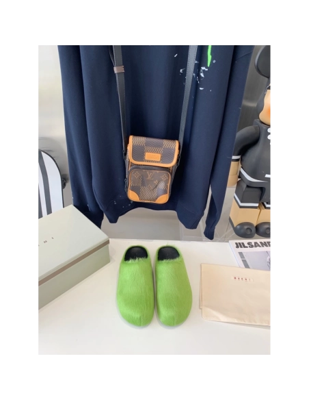 Marni Green LONG-HAIR CALFSKIN FUSSBETT SABOT Slide,Marni Slide,Men Sneakers