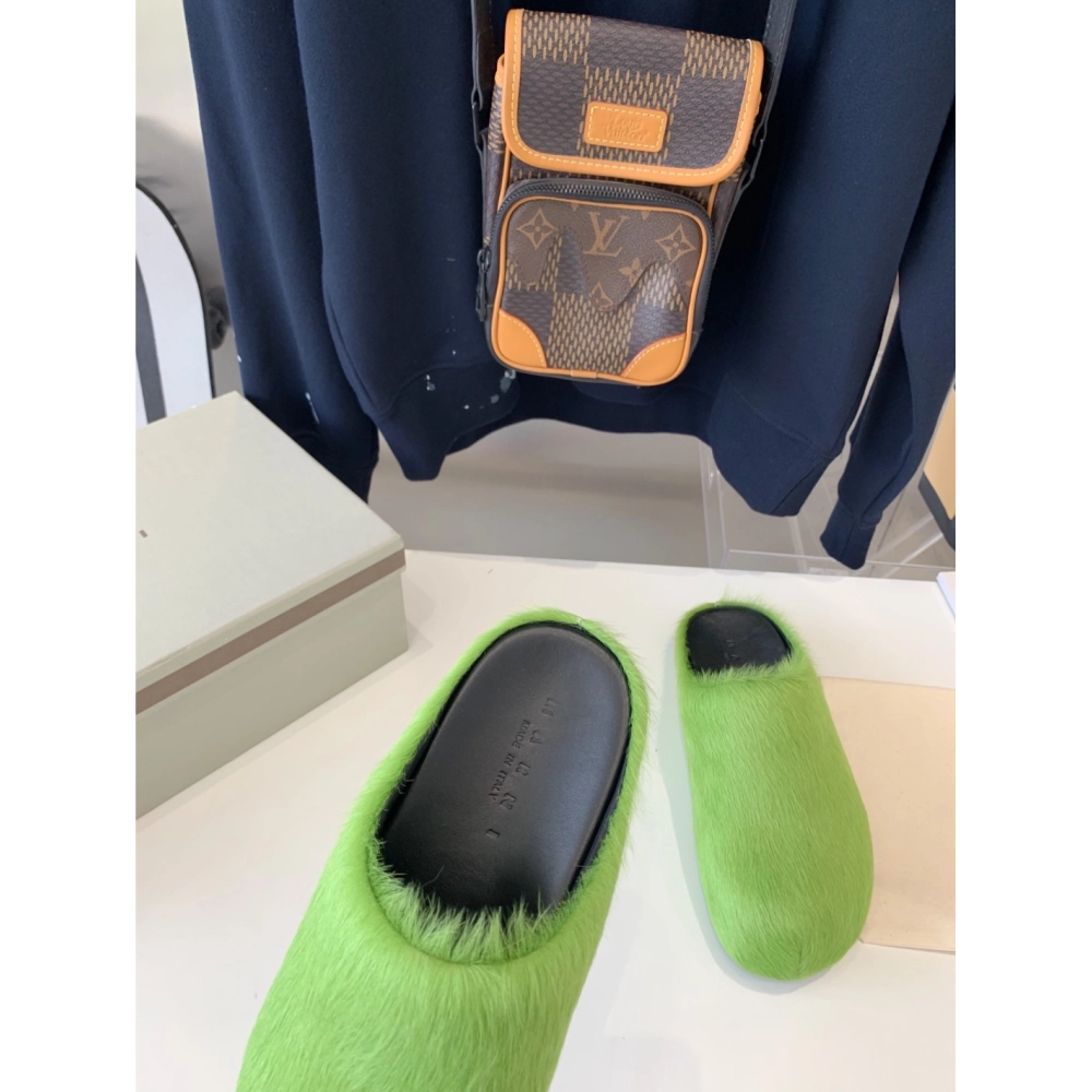 Marni Green LONG-HAIR CALFSKIN FUSSBETT SABOT Slide,Marni Slide,Men Sneakers