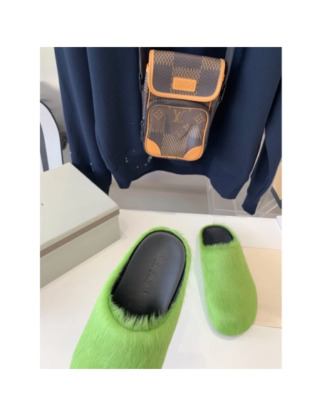 Marni Green LONG-HAIR CALFSKIN FUSSBETT SABOT Slide,Marni Slide,Men Sneakers