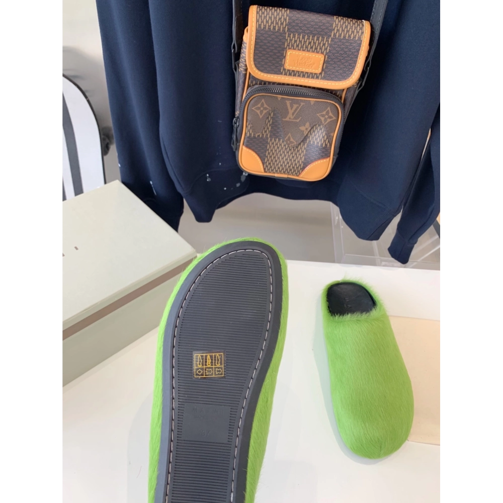 Marni Green LONG-HAIR CALFSKIN FUSSBETT SABOT Slide,Marni Slide,Men Sneakers
