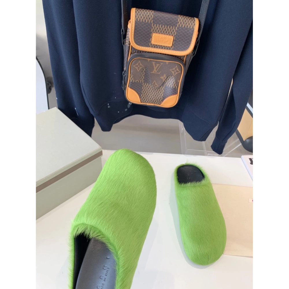 Marni Green LONG-HAIR CALFSKIN FUSSBETT SABOT Slide,Marni Slide,Men Sneakers