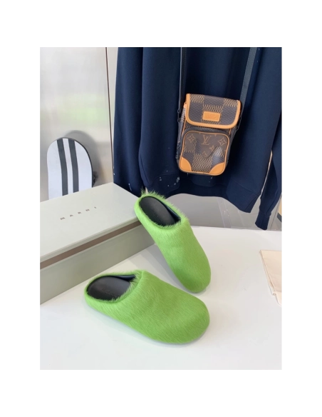 Marni Green LONG-HAIR CALFSKIN FUSSBETT SABOT Slide,Marni Slide,Men Sneakers