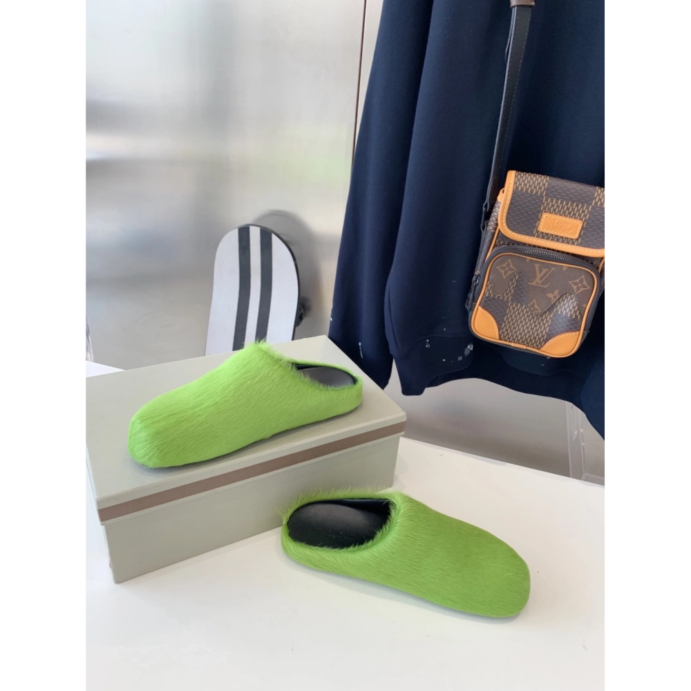 Marni Green LONG-HAIR CALFSKIN FUSSBETT SABOT Slide,Marni Slide,Men Sneakers