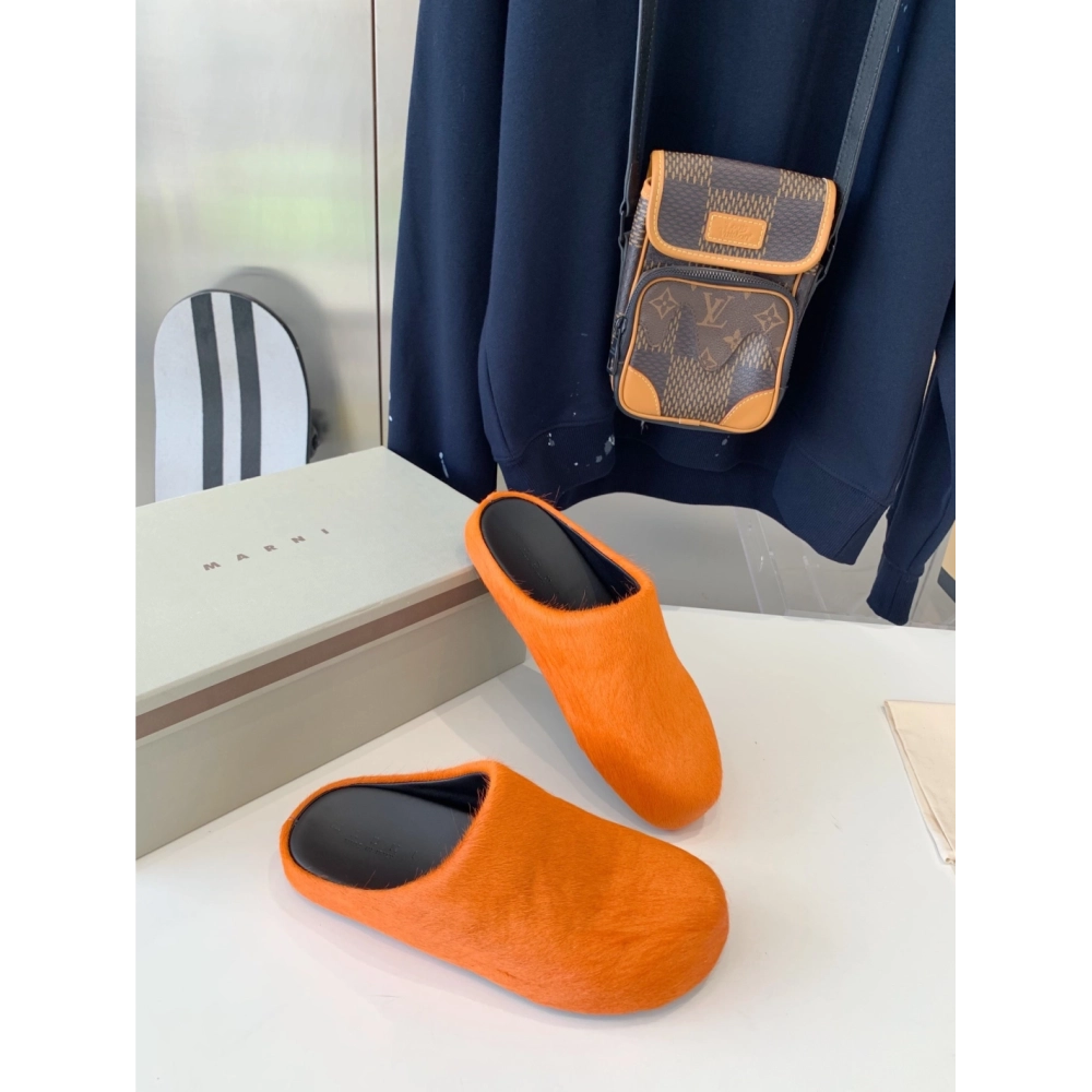 Marni Orange LONG-HAIR CALFSKIN FUSSBETT SABOT Slide,Marni Slide,Men Sneakers