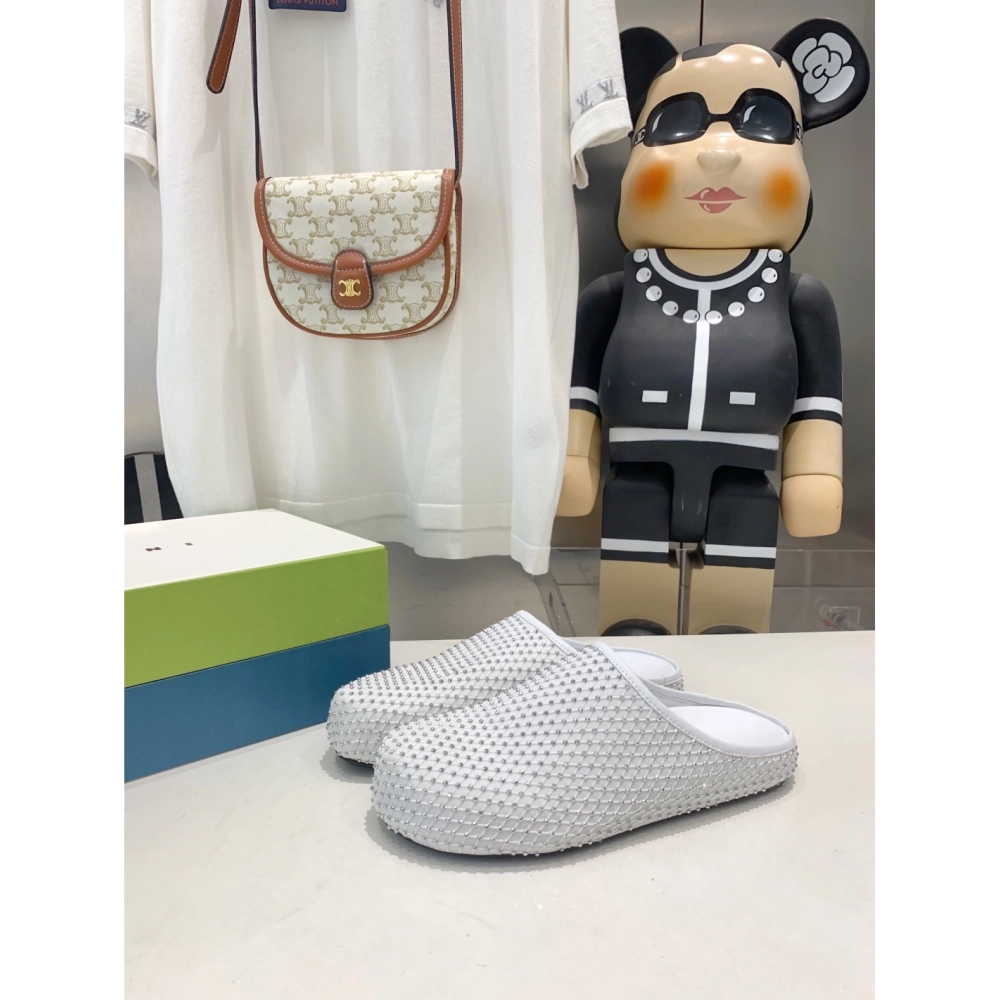 Marni White leather Fussbett Sabot Slide With Rhinestones 241379F121007,Marni Slide,Men Sneakers