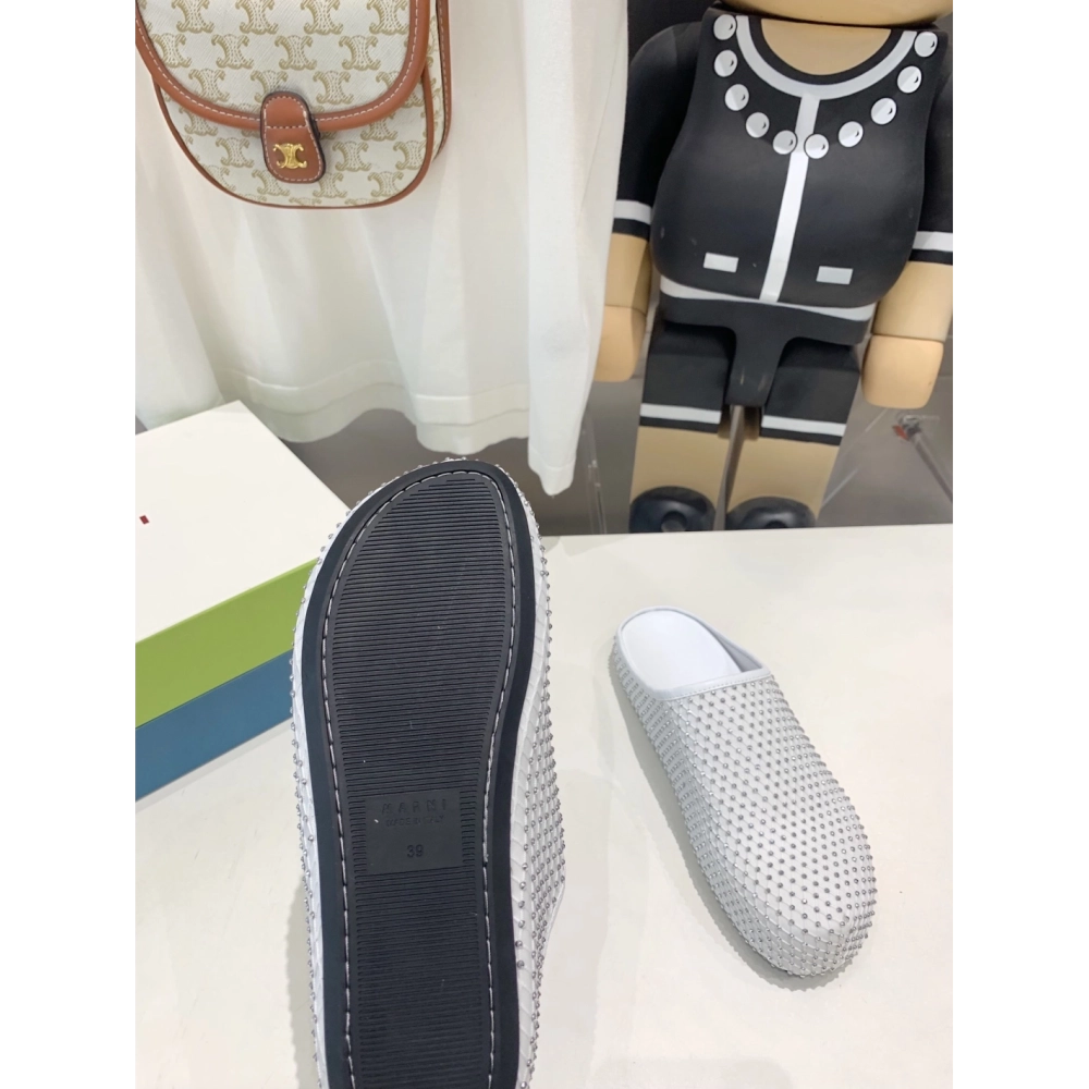 Marni White leather Fussbett Sabot Slide With Rhinestones 241379F121007,Marni Slide,Men Sneakers