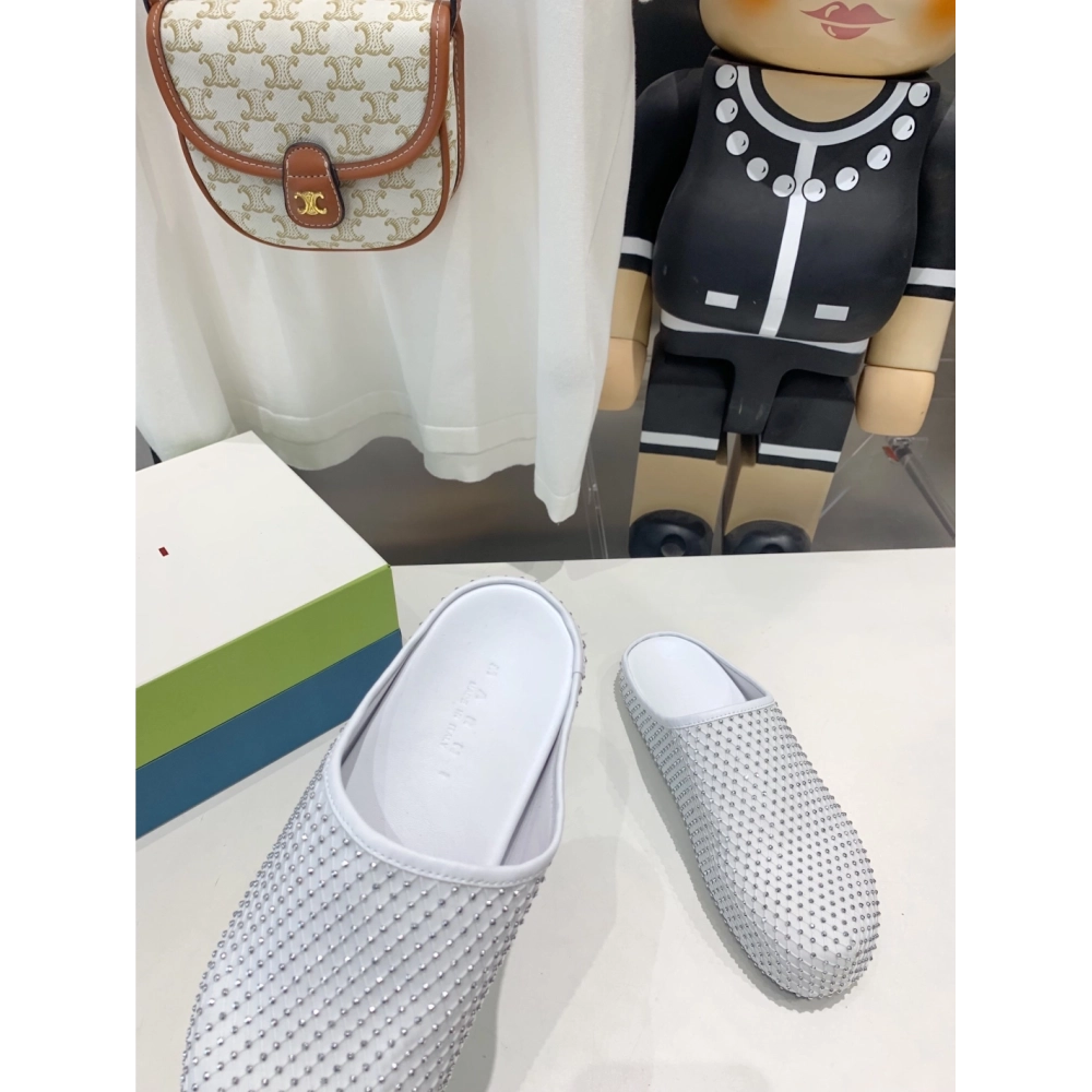 Marni White leather Fussbett Sabot Slide With Rhinestones 241379F121007,Marni Slide,Men Sneakers