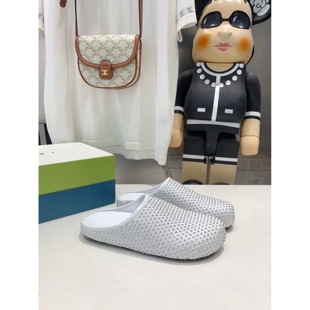 Marni White leather Fussbett Sabot Slide With Rhinestones 241379F121007,Marni Slide,Men Sneakers