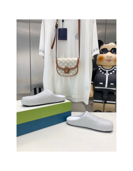 Marni White leather Fussbett Sabot Slide With Rhinestones 241379F121007,Marni Slide,Men Sneakers