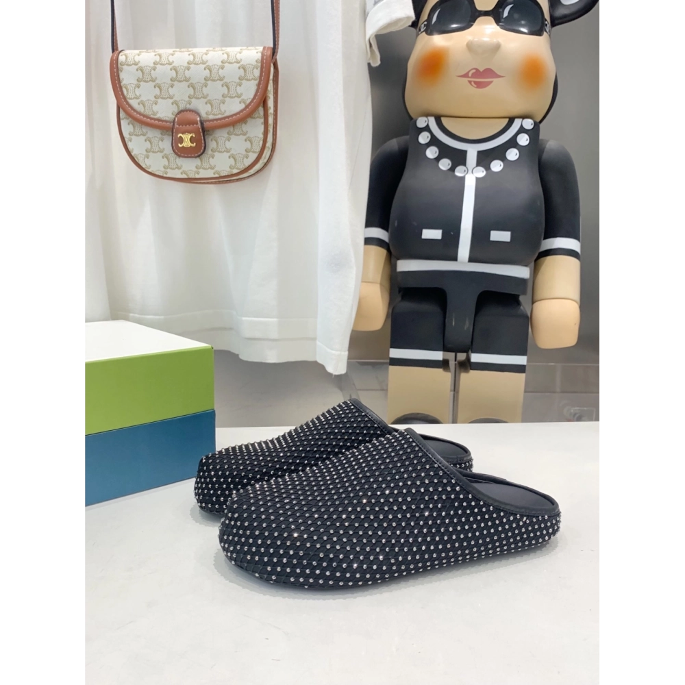 Marni Black leather Fussbett Sabot Slide With Rhinestones,Marni Slide,Men Sneakers