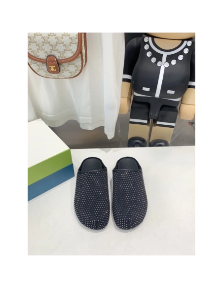 Marni Black leather Fussbett Sabot Slide With Rhinestones,Marni Slide,Men Sneakers