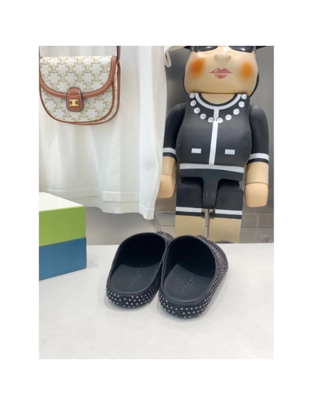 Marni Black leather Fussbett Sabot Slide With Rhinestones,Marni Slide,Men Sneakers