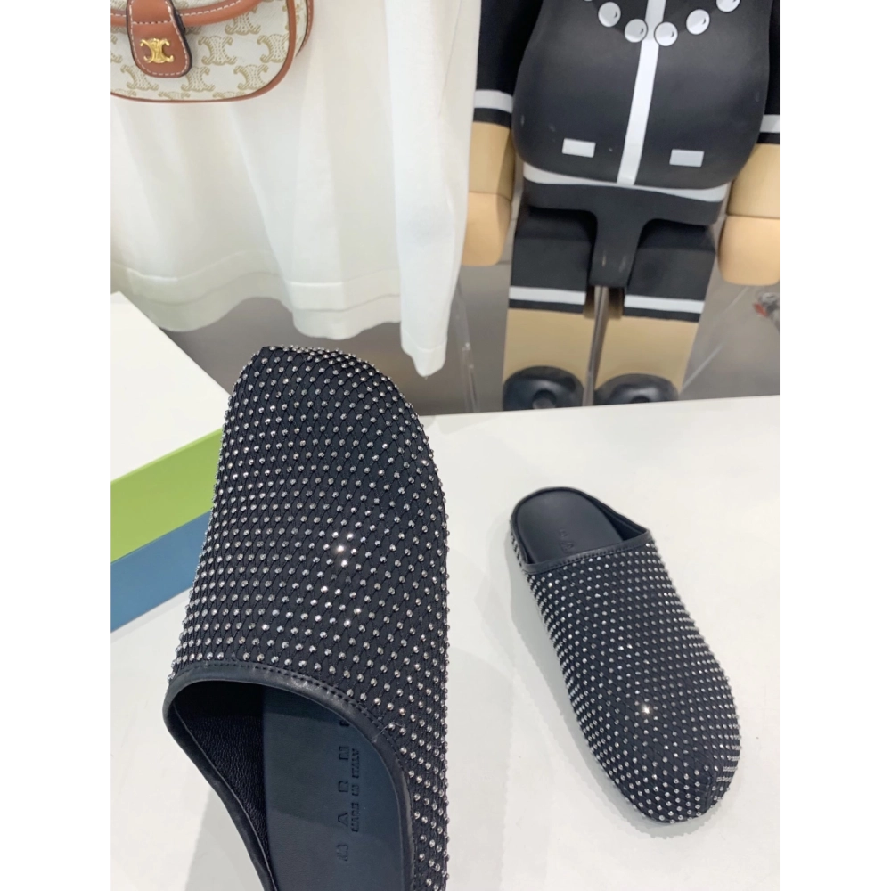 Marni Black leather Fussbett Sabot Slide With Rhinestones,Marni Slide,Men Sneakers