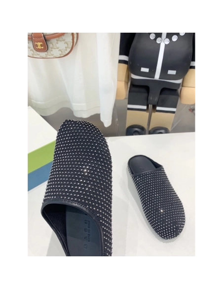 Marni Black leather Fussbett Sabot Slide With Rhinestones,Marni Slide,Men Sneakers