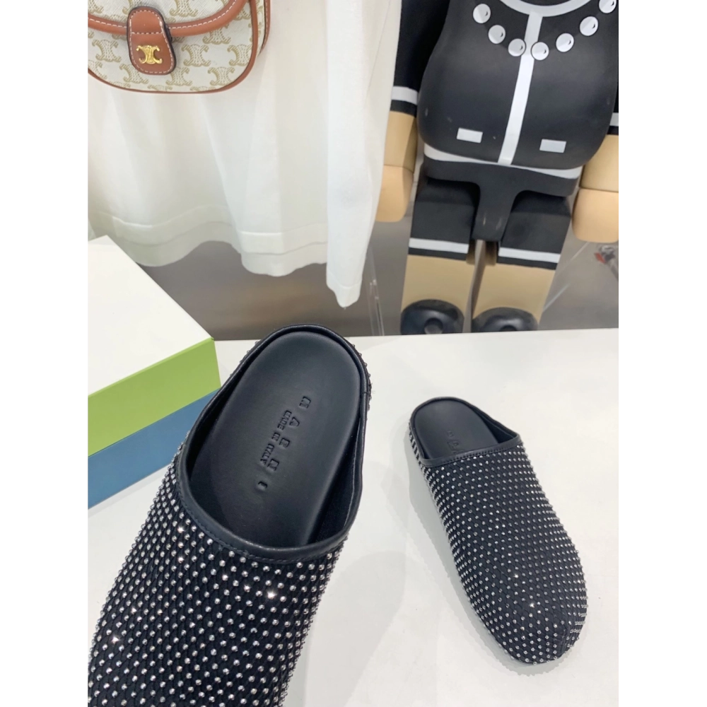 Marni Black leather Fussbett Sabot Slide With Rhinestones,Marni Slide,Men Sneakers