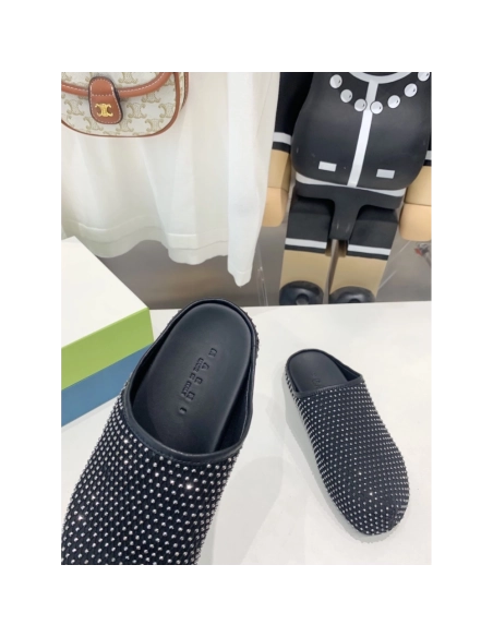 Marni Black leather Fussbett Sabot Slide With Rhinestones,Marni Slide,Men Sneakers