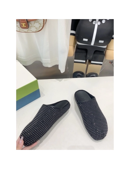 Marni Black leather Fussbett Sabot Slide With Rhinestones,Marni Slide,Men Sneakers