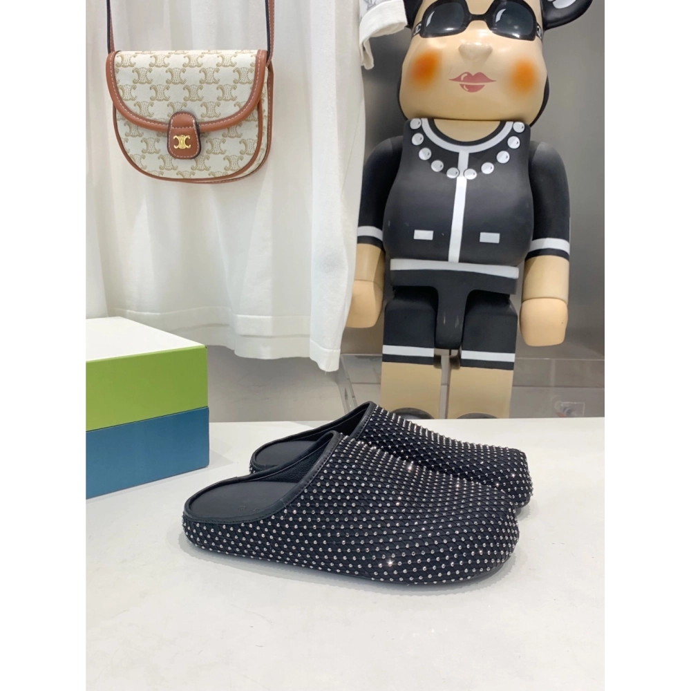 Marni Black leather Fussbett Sabot Slide With Rhinestones,Marni Slide,Men Sneakers