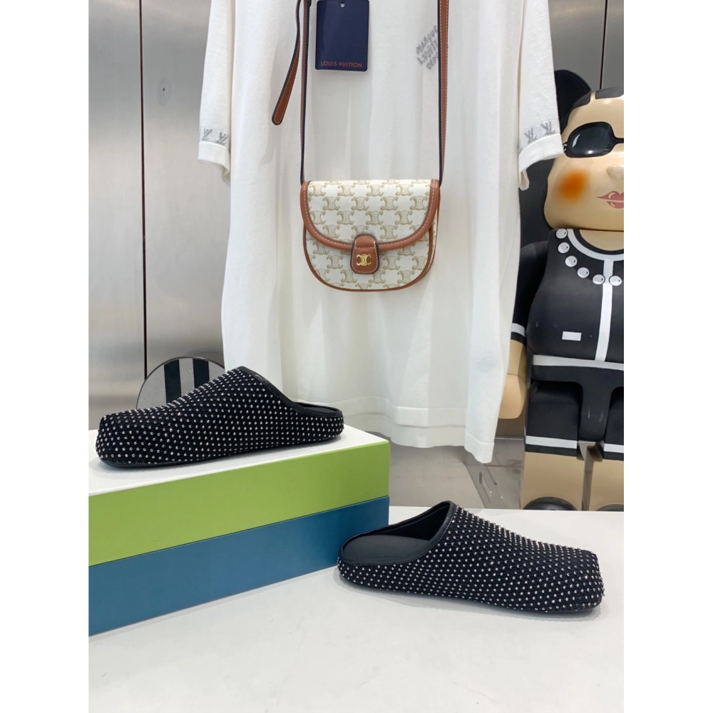 Marni Black leather Fussbett Sabot Slide With Rhinestones,Marni Slide,Men Sneakers