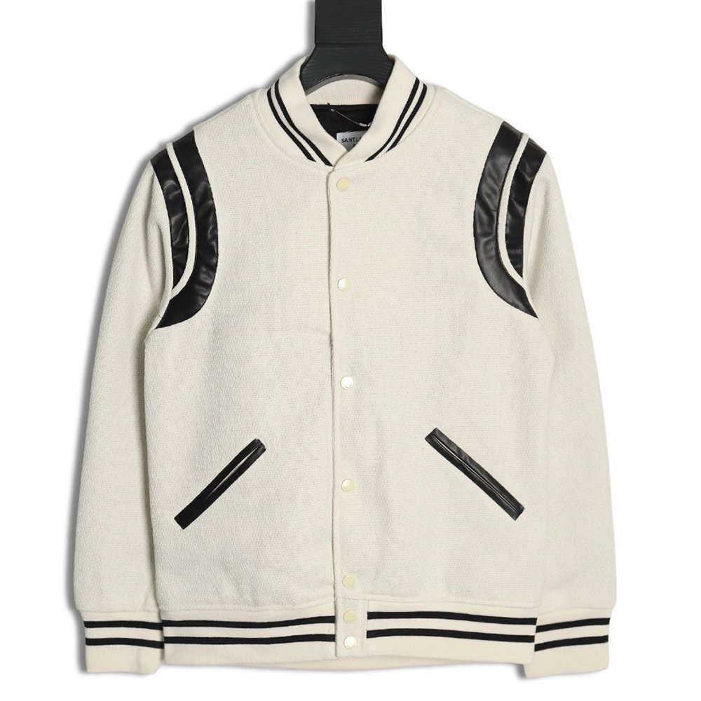 Saint Laurent Paris classic black and white leather baseball collar jacket,Saint Laurent,