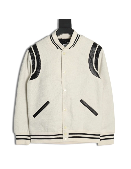 Saint Laurent Paris classic black and white leather baseball collar jacket,Saint Laurent,