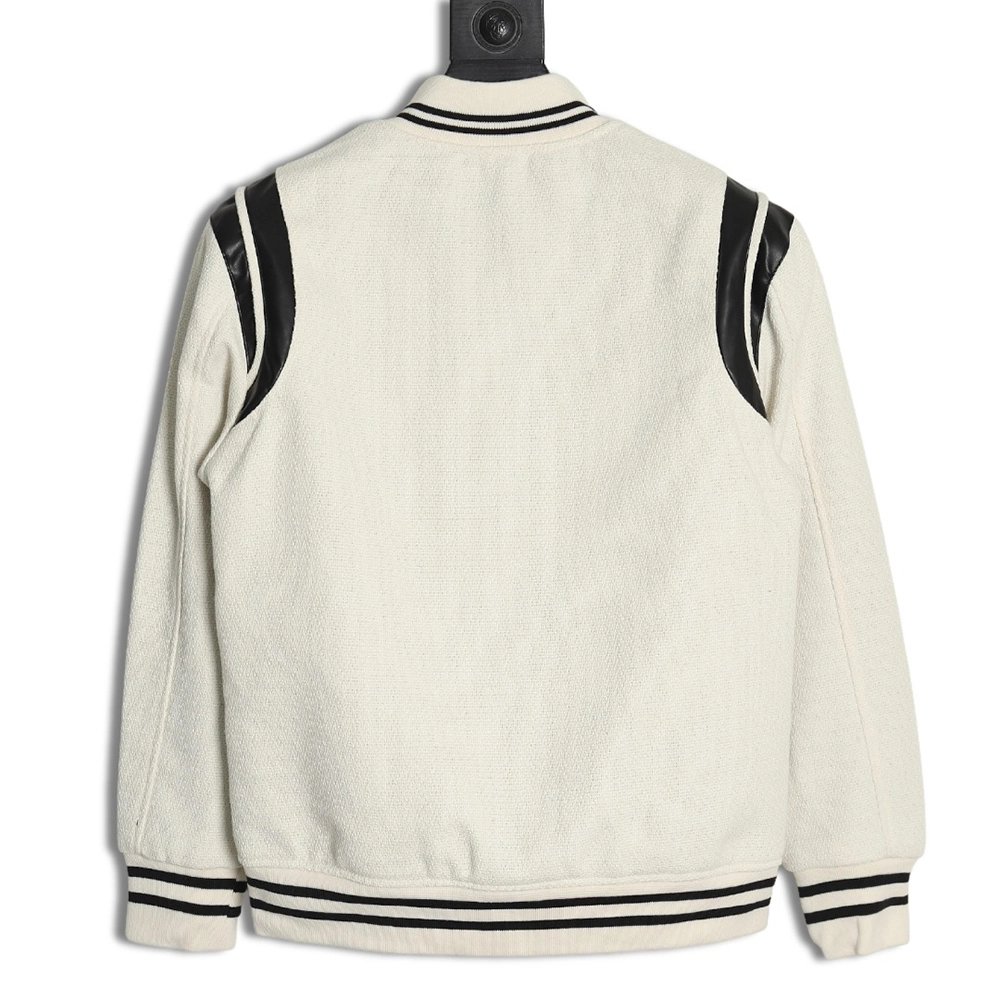 Saint Laurent Paris classic black and white leather baseball collar jacket,Saint Laurent,