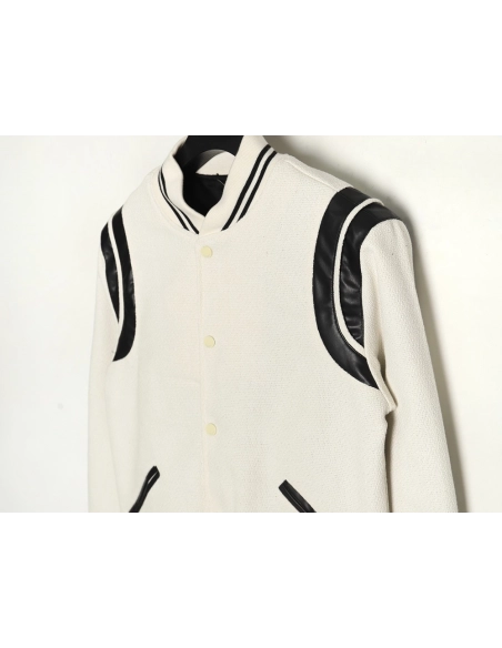 Saint Laurent Paris classic black and white leather baseball collar jacket,Saint Laurent,