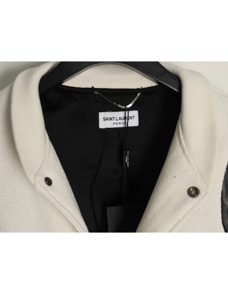 Saint Laurent Paris classic black and white leather baseball collar jacket,Saint Laurent,
