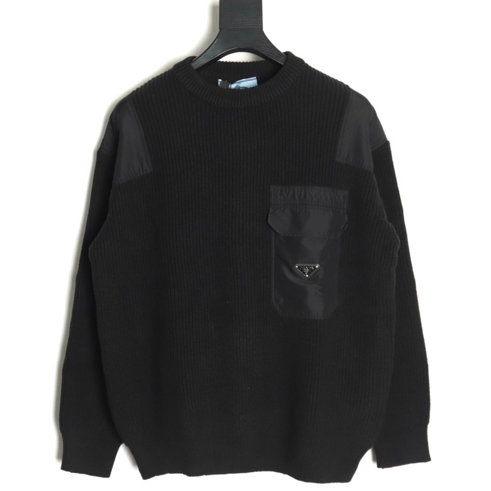 Prada triangle logo iron plate knitted pullover sweater,Prada Sweatshirt,Sweatshirt,APPAREL