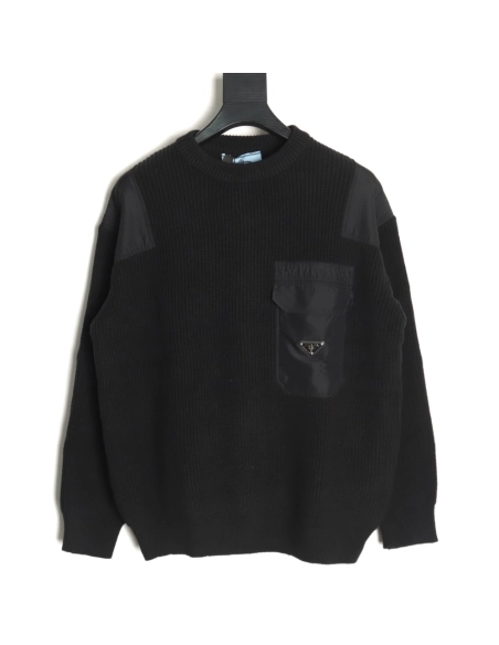 Prada triangle logo iron plate knitted pullover sweater,Prada Sweatshirt,Sweatshirt,APPAREL