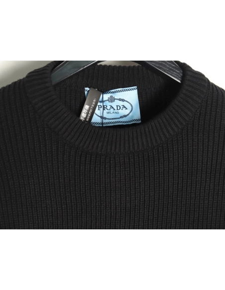 Prada triangle logo iron plate knitted pullover sweater,Prada Sweatshirt,Sweatshirt,APPAREL