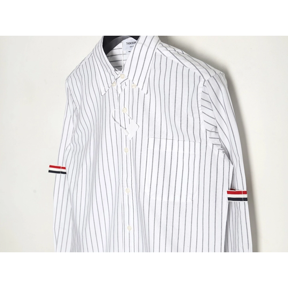 Thom Browne Cotton Vertical Stripe Double Ribbon Long Sleeve Shirt,Thom Browne Shirt,Shirt,APPAREL