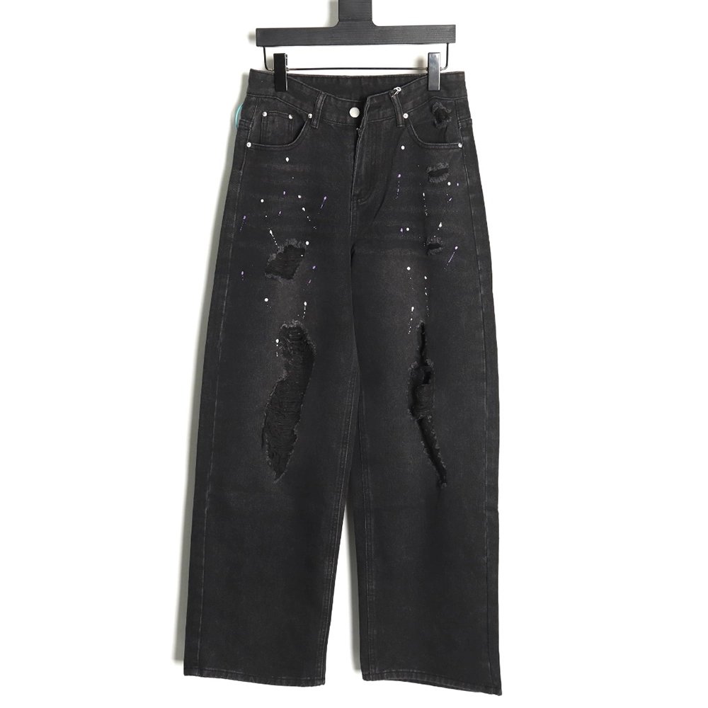 We11 Done embroidered lettering ripped washed denim wide-leg pants,We11done