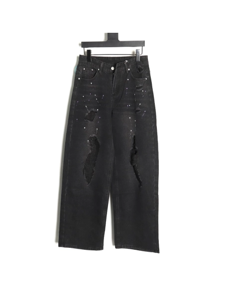 We11 Done embroidered lettering ripped washed denim wide-leg pants,We11done