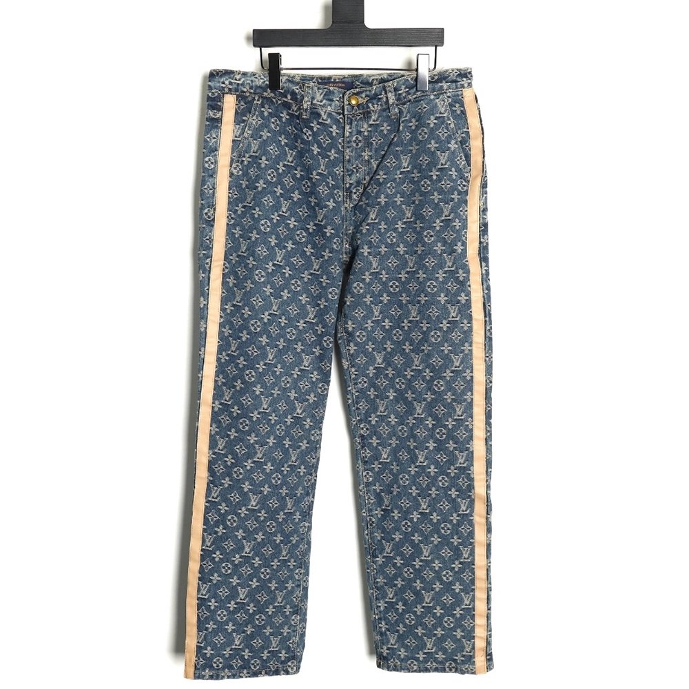 Louis Vuitton washed blue jeans with all-over print and side straps,Louis Vuitton