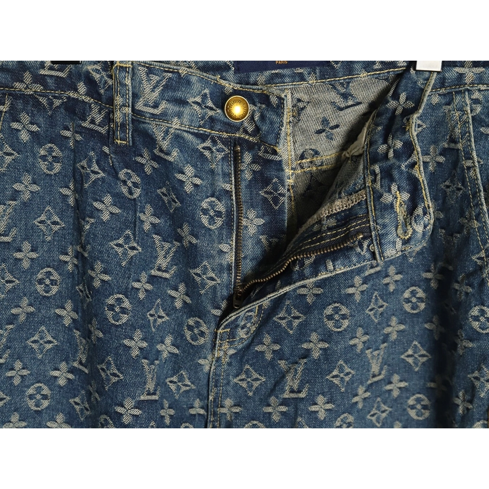 Louis Vuitton washed blue jeans with all-over print and side straps,Louis Vuitton