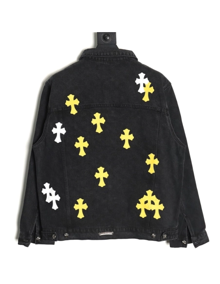 Chrome Hearts yellow and white leather cross denim jacket coat,Chrome Hearts