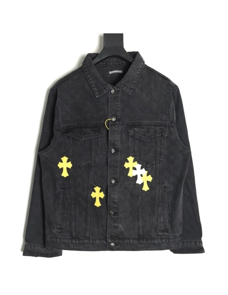 Chrome Hearts yellow and white leather cross denim jacket coat,Chrome Hearts
