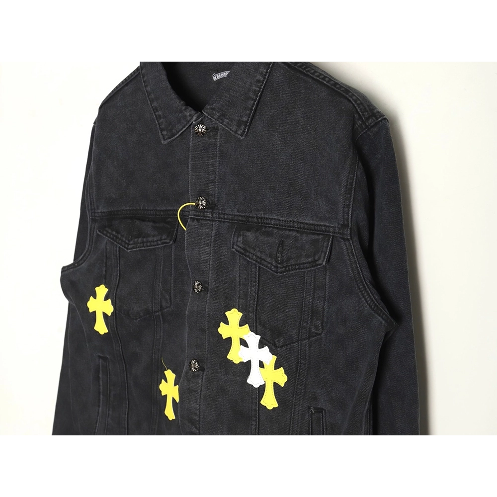 Chrome Hearts yellow and white leather cross denim jacket coat,Chrome Hearts