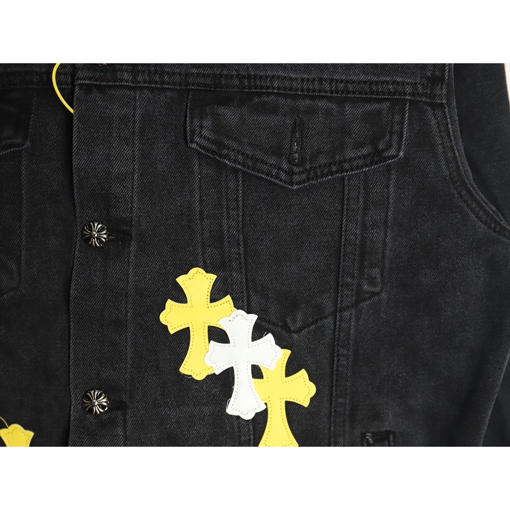 Chrome Hearts yellow and white leather cross denim jacket coat,Chrome Hearts