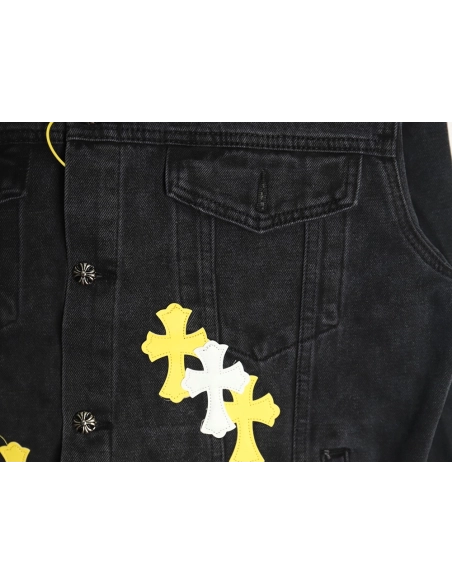 Chrome Hearts yellow and white leather cross denim jacket coat,Chrome Hearts